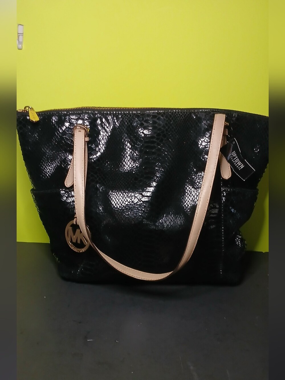 Michael Kors Black Patent Snake-Embossed Tote with Nude Straps